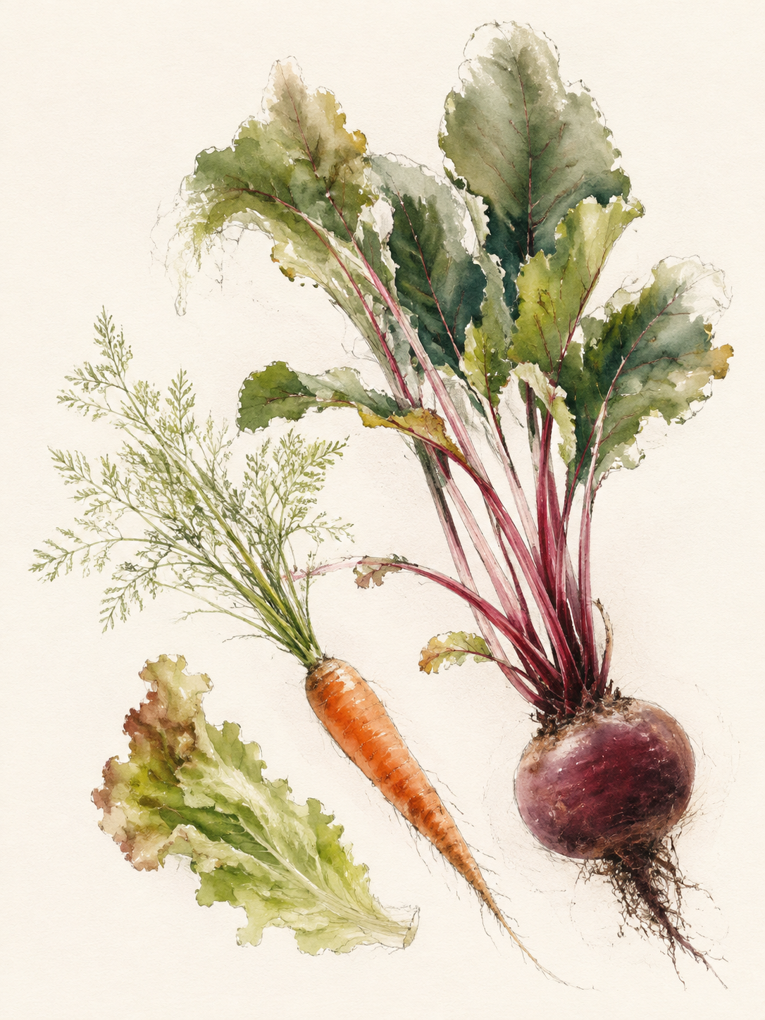 Original watercolor and pencil study of beet, carrot, and garden greens