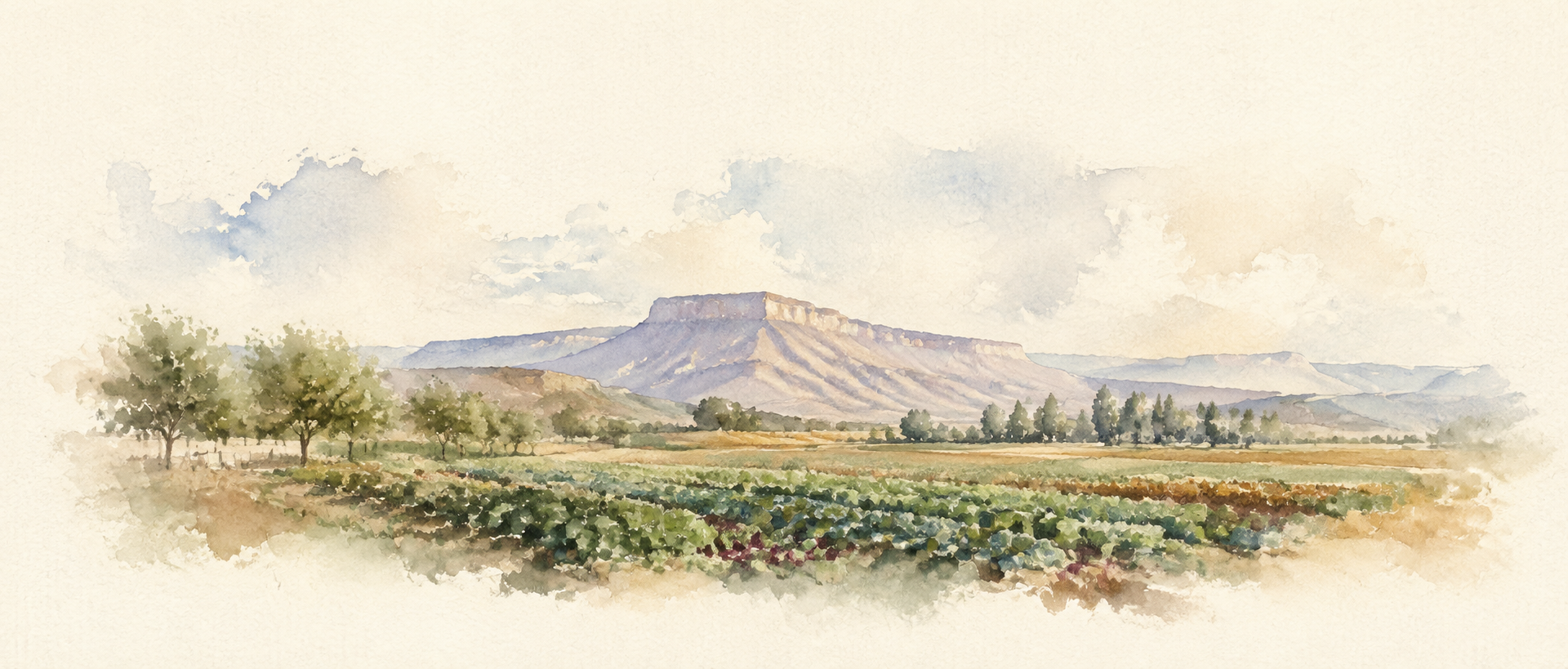 Original watercolor panorama of vegetable rows, orchards, and the Colorado mesa