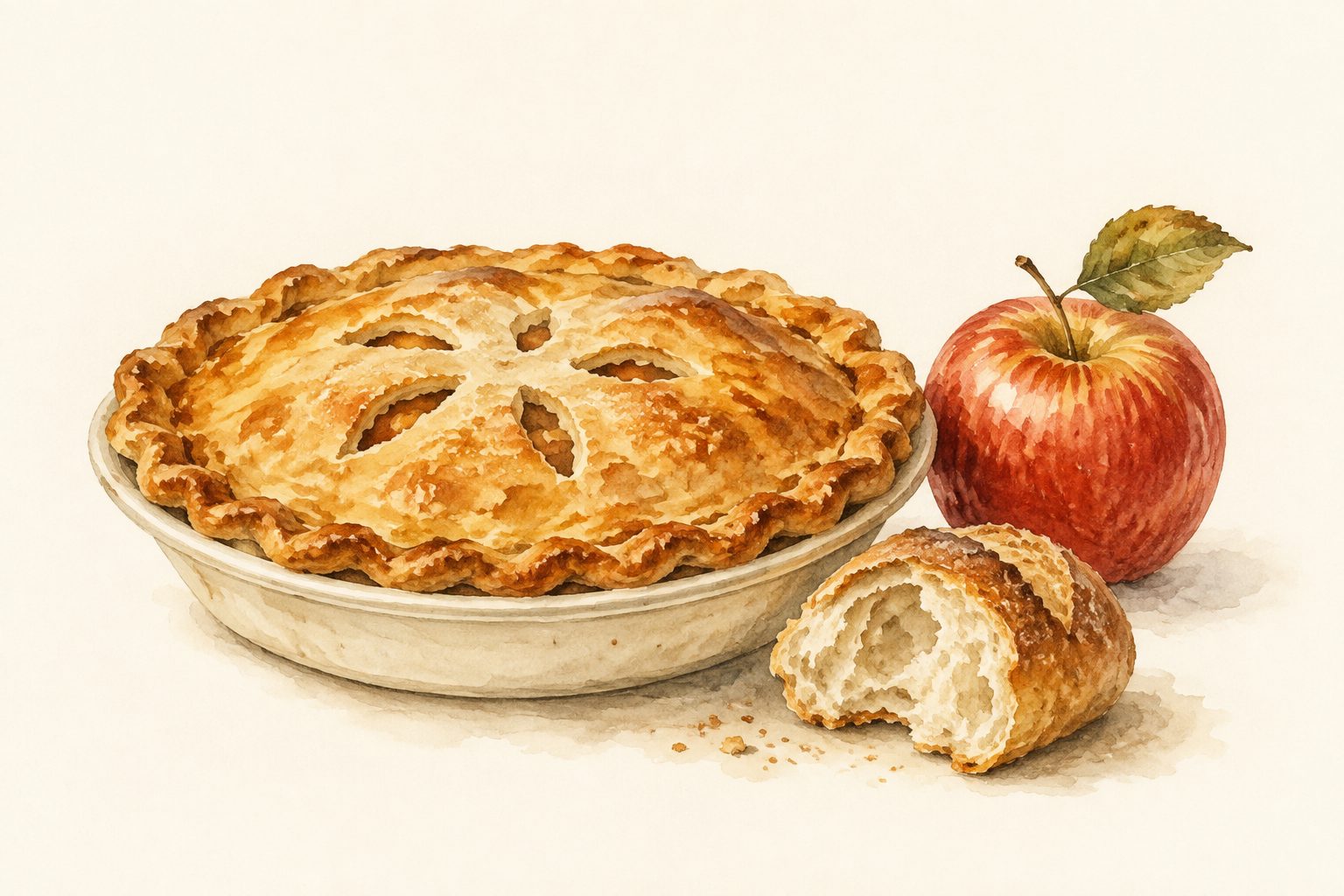 Watercolor study of apple pie, a sourdough roll, and an apple
